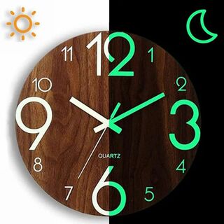 壁掛け時計 木製 夜光 直径30cm 電池式 丸型 静音 夜の光時計 おしゃれ (置時計)