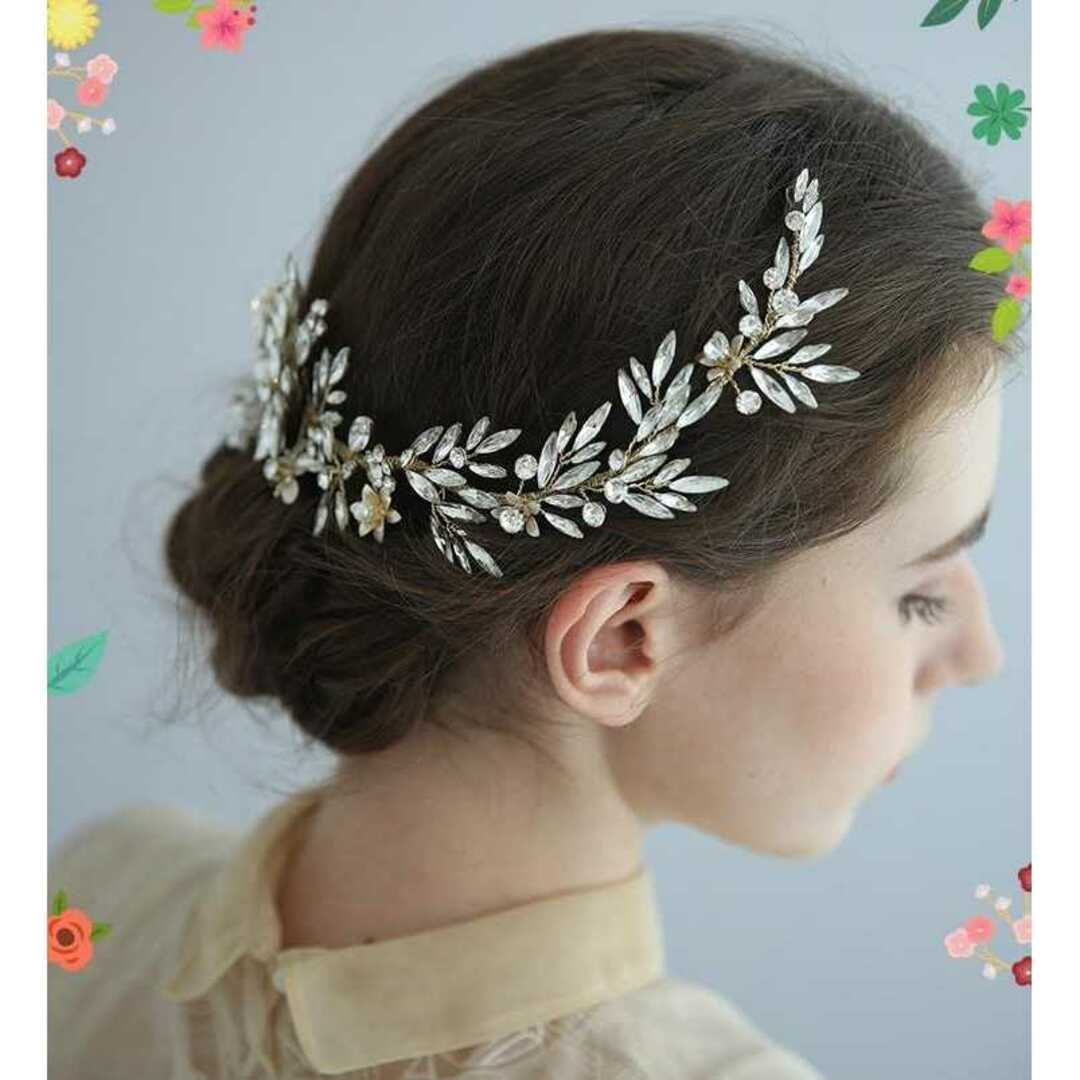 小枝と小花ストーン ヘッドドレス ヘアピン 27cm ウエディング ボンネ レディースのヘアアクセサリー(その他)の商品写真