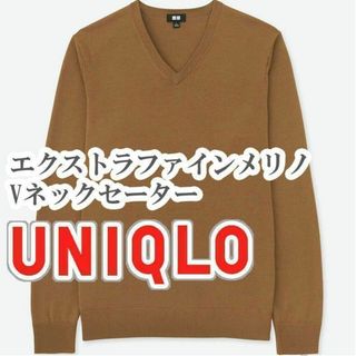 ユニクロ(UNIQLO)のUNIQLO エクストラファインメリノVネックセーター Lサイズ ブラウン(ニット/セーター)