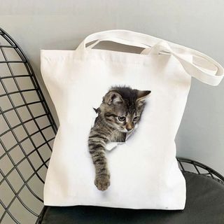 【セレクト品】　キャンバスバッグ　トートバッグ　猫　キュート　白　通学(エコバッグ)