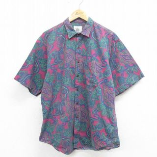 XL★古着 半袖 シャツ メンズ 90年代 90s 総柄 コットン USA製 緑他 グリーン 24mar28 中古 トップス(シャツ)