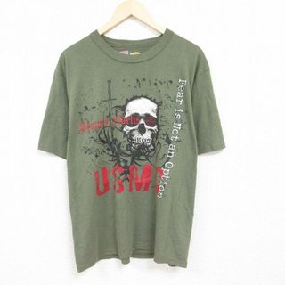 XL★古着 半袖 Tシャツ メンズ ミリタリー USMC アメリカ海兵隊 スカル クルーネック 緑 グリーン 24mar28 中古(Tシャツ/カットソー(半袖/袖なし))