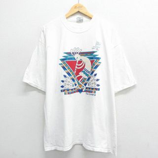 XL★古着 半袖 ビンテージ Tシャツ メンズ 90年代 90s ホピ族 ココペリ ネイティブ柄 大きいサイズ コットン クルーネック USA製 白 ホワイト 24mar28 中古(Tシャツ/カットソー(半袖/袖なし))