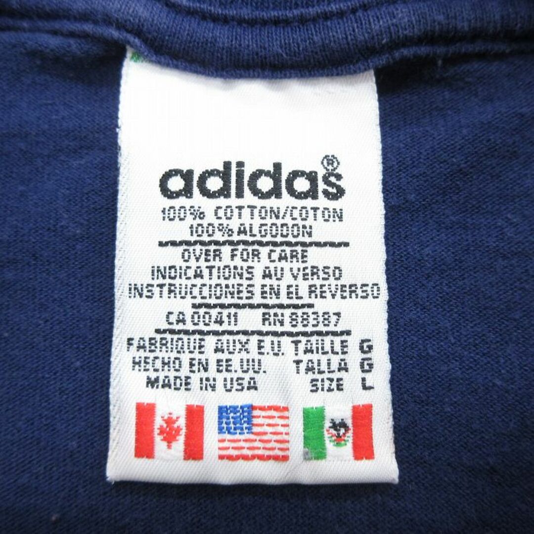 adidas(アディダス)のXL★古着 アディダス adidas 半袖 ビンテージ Tシャツ メンズ 90年代 90s ワンポイントロゴ 大きいサイズ コットン クルーネック USA製 紺 ネイビー 24mar28 中古 メンズのトップス(Tシャツ/カットソー(半袖/袖なし))の商品写真