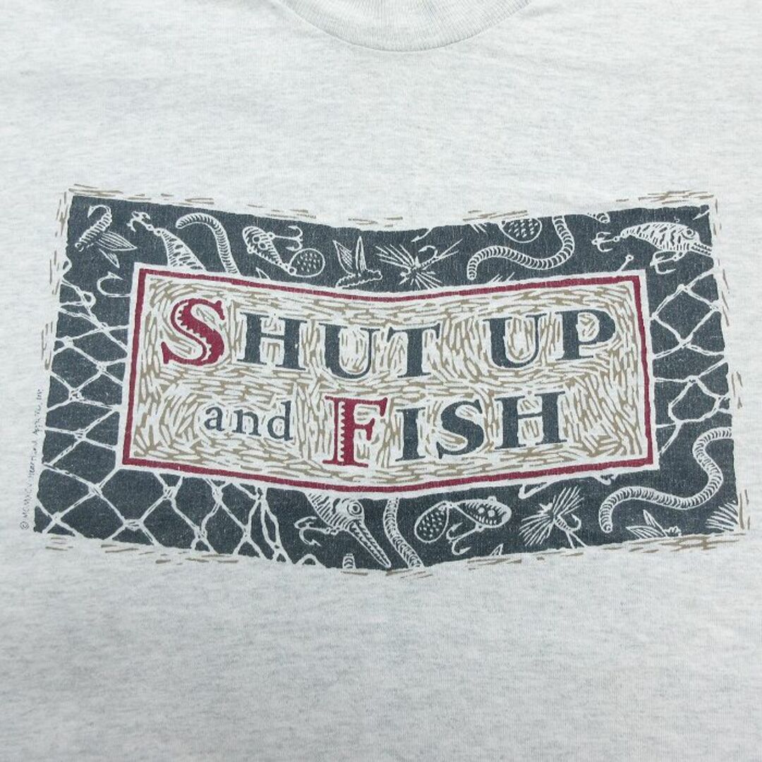 FRUIT OF THE LOOM(フルーツオブザルーム)のXL★古着 フルーツオブザルーム 半袖 ビンテージ Tシャツ メンズ 90年代 90s SHUT UP ルアー 大きいサイズ クルーネック 薄グレー 霜降り 24mar28 中古 メンズのトップス(Tシャツ/カットソー(半袖/袖なし))の商品写真