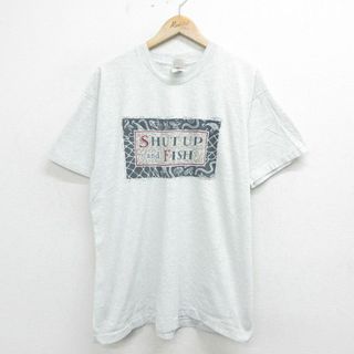 フルーツオブザルーム(FRUIT OF THE LOOM)のXL★古着 フルーツオブザルーム 半袖 ビンテージ Tシャツ メンズ 90年代 90s SHUT UP ルアー 大きいサイズ クルーネック 薄グレー 霜降り 24mar28 中古(Tシャツ/カットソー(半袖/袖なし))