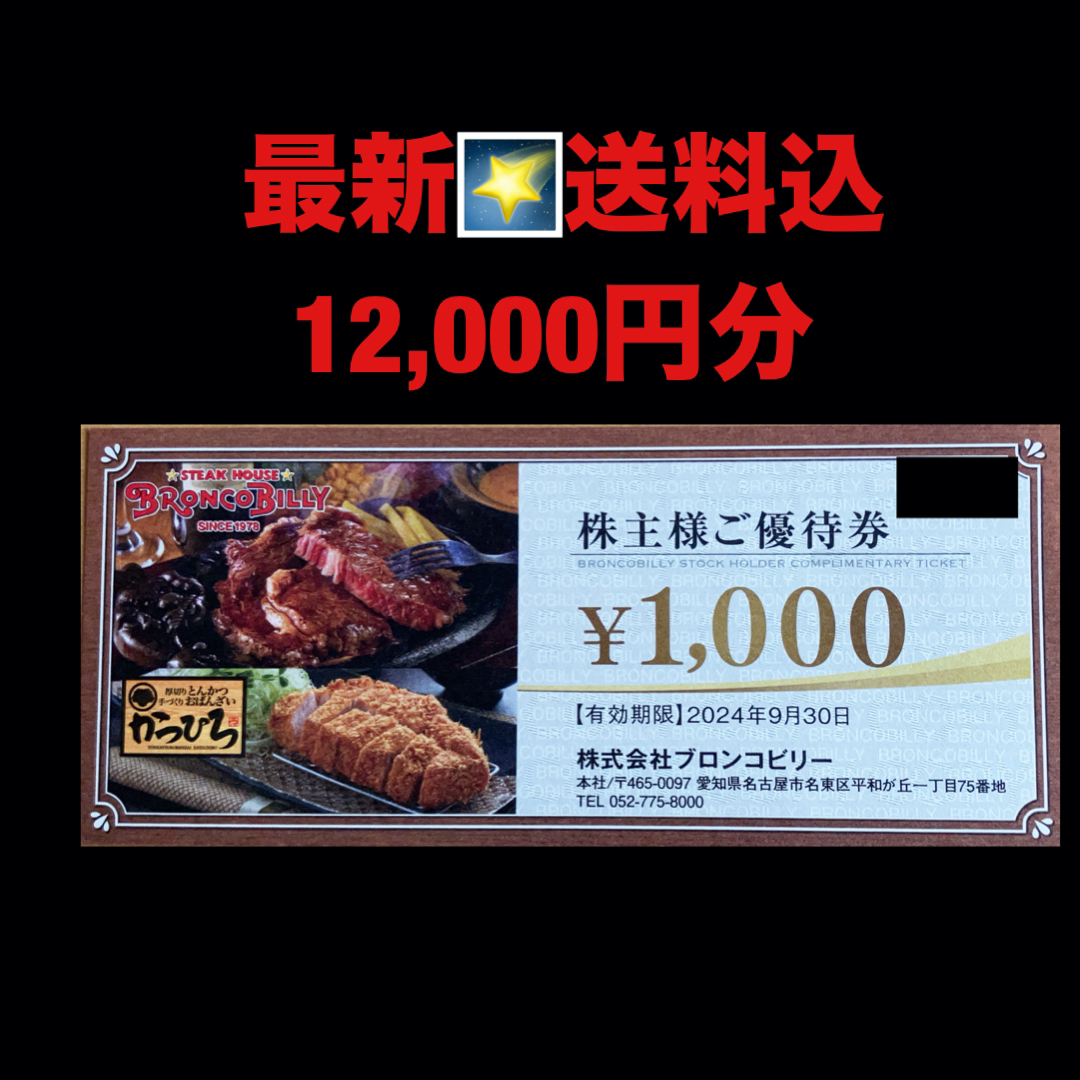 最新⭐️ブロンコビリー　12,000円分　株主優待券　匿名配送 チケットの優待券/割引券(レストラン/食事券)の商品写真