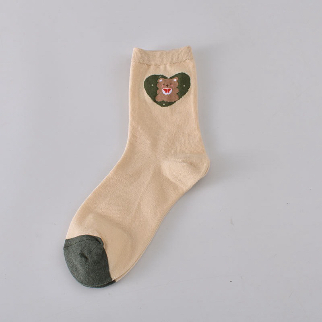 春色緑 ハートくま柄ソックス 靴下 レディース 5足セット まとめ売り 保育士 レディースのレッグウェア(ソックス)の商品写真