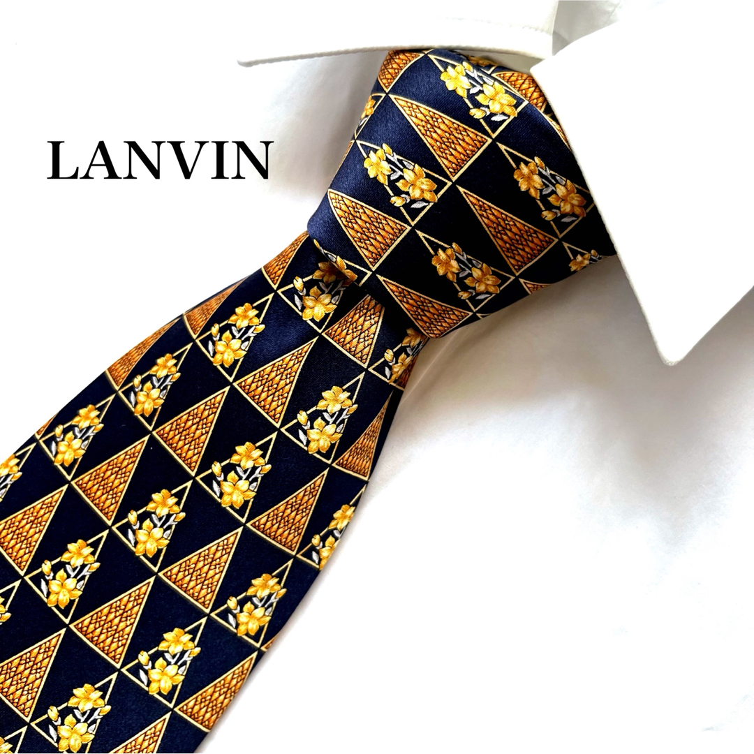 LANVIN(ランバン)の美品 LANVIN ランバン シルク 絹 ネクタイ フランス製 花柄 ネイビー メンズのファッション小物(ネクタイ)の商品写真