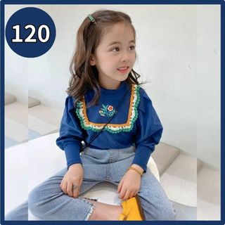 春服 キッズ 女の子 トップス 120 スクエアフリル 花柄刺繍 ブルー 青(Tシャツ/カットソー)