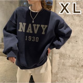 【フォロー割あり】スウェット ネイビー XL ロゴ 長袖 トレーナー トップス(Tシャツ(長袖/七分))