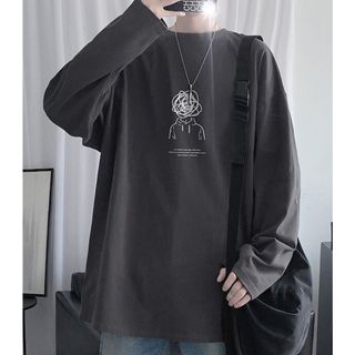 【在庫限り】 アート 長袖  ルーズ  グレー L ロゴ  カジュアル メンズ(Tシャツ/カットソー(七分/長袖))