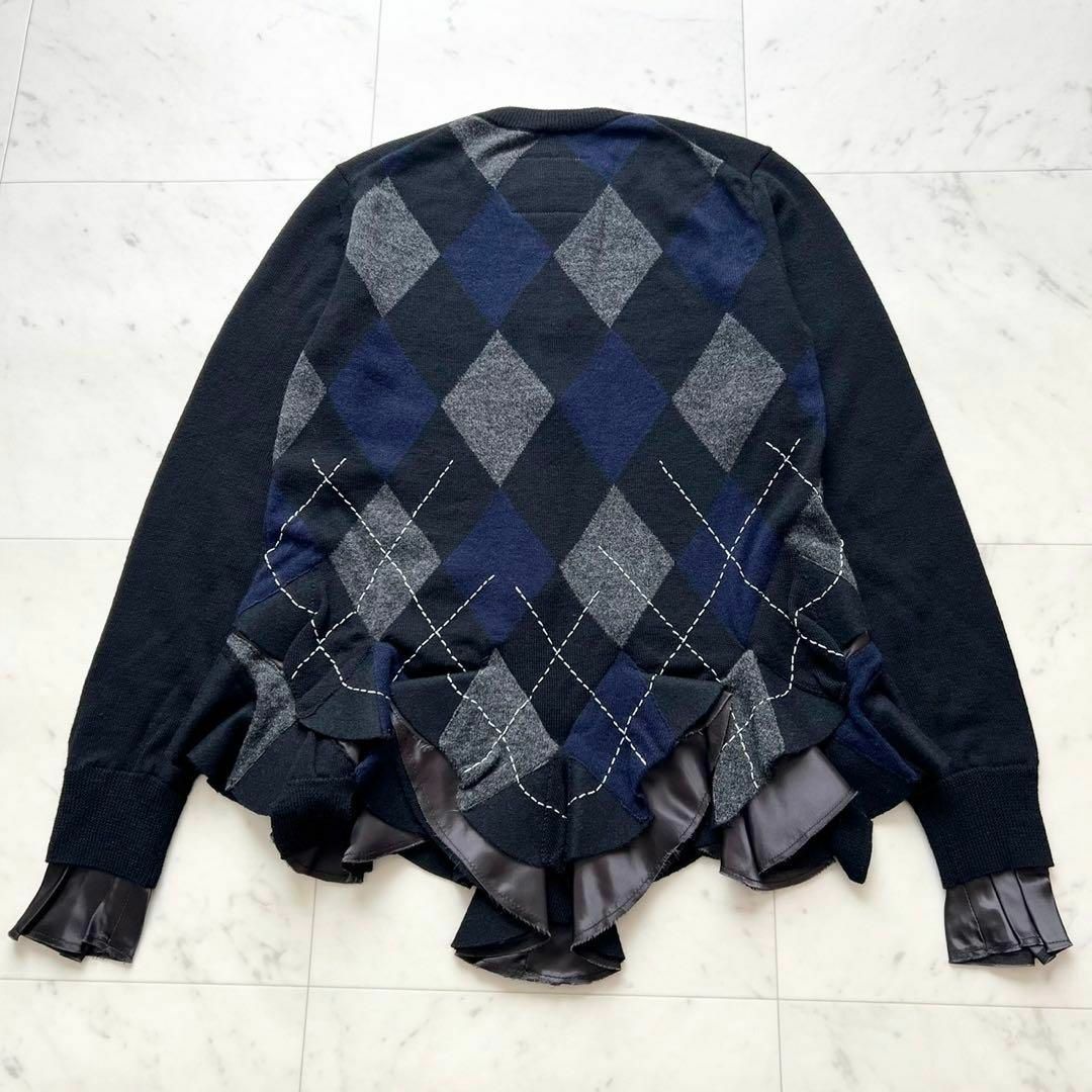 sacai アーガイル ニット カーディガン 裾フリル ブラック×ネイビー sacai アーガイル ニット カーディガン 裾フリル ブラック×ネイビー