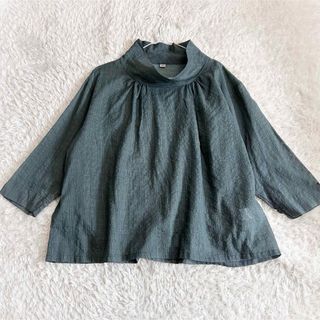 nest Robe - 美品　バスコ　フレアブラウス　5部袖　コットンレーヨン　　カーキ　ハイネック