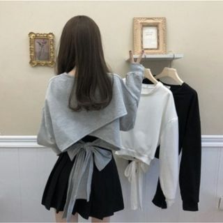 【人気商品】バックリボン　ショート丈　グレー　ＸＬ　シンプル(シャツ/ブラウス(長袖/七分))