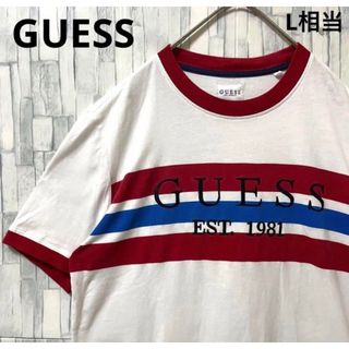 GUESS - ゲス リンガーネックTシャツ S ホワイト デカロゴ ワッペン 刺繍ロゴ