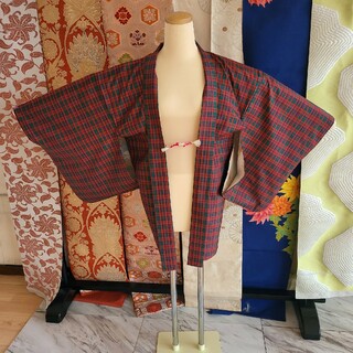 洗える素材 羽織 赤チェック 着物コート  カーディガン 和風コート(着物)