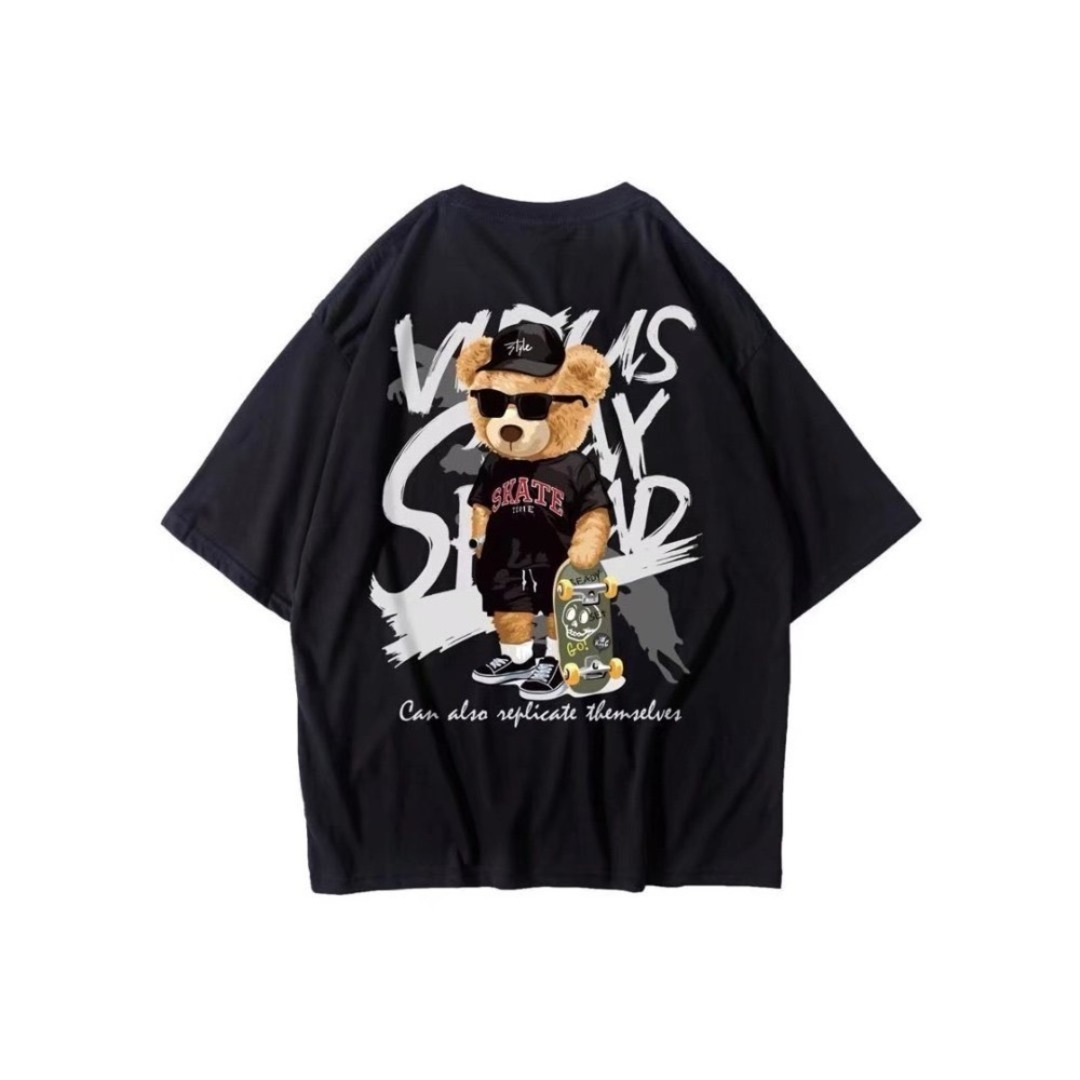 【無料配送】 くま　アート　Tシャツ ゆったり スケーター L ブラック 個性的 メンズのトップス(Tシャツ/カットソー(半袖/袖なし))の商品写真