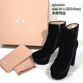 ミュウミュウ(miumiu)のmiumiu ベルベットショートブーツ　ブラック　36.5 厚底チャンキーヒール(ブーツ)