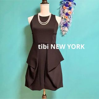 極美品 tibi ディビニューヨーク 立体 ドレス ワンピース 黒 Ｍ(ひざ丈ワンピース)