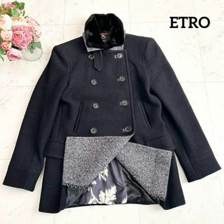 エトロ(ETRO)の美品 ETRO ミンクファー ダブルブレスト ピーコート ツイード 黒 38(ピーコート)