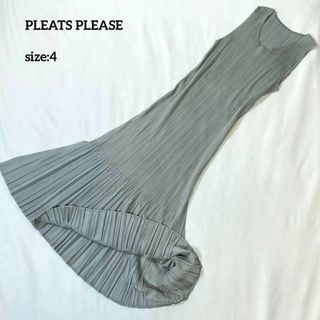 プリーツプリーズイッセイミヤケ(PLEATS PLEASE ISSEY MIYAKE)の【美品】プリーツプリーズ　ノースリーブフリルロングワンピース　グレー　4(XL)(ロングワンピース/マキシワンピース)