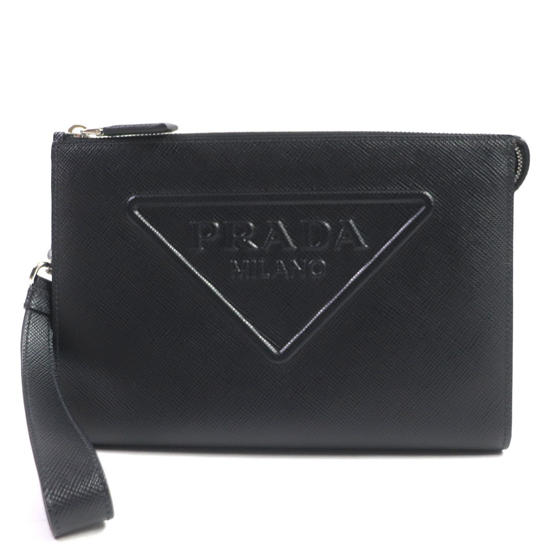 PRADA(プラダ)の未使用品▼PRADA プラダ 2VF039 サフィアーノレザー 三角ロゴ ポーチ クラッチバッグ ブラック シルバー金具 イタリア製 メンズ 定価297,000円 メンズのバッグ(セカンドバッグ/クラッチバッグ)の商品写真