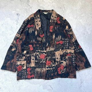 【USA製】メンズXL相当 総柄 薔薇柄 ショールカラー シャツジャケット 黒(ノーカラージャケット)