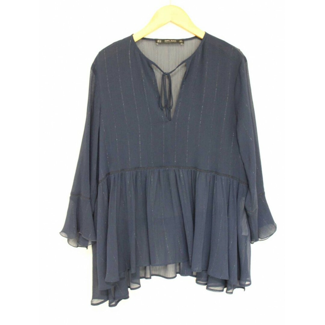 ZARA(ザラ)の【春夏物 新入荷】●ZARA/ザラ●プルオーバーブラウス/長袖/スキッパーネック/シースルー/透け感 ネイビー/紺 レディース M【中古】春夏 923042 レディースのトップス(シャツ/ブラウス(半袖/袖なし))の商品写真