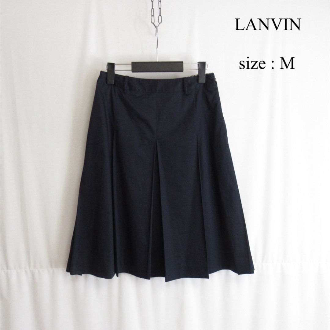 LANVIN(ランバン)の良品 LANVIN コットン フレア タック スカート ボトムス 38 ネイビー レディースのスカート(ひざ丈スカート)の商品写真