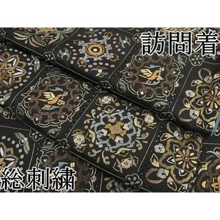 平和屋1■極上　訪問着　総刺繍　スワトウ刺繍　天井花鳥文　紬地　黒地　逸品4s574(着物)