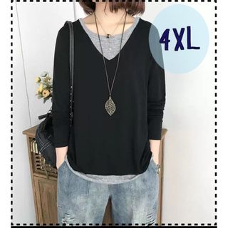 カットソー　重ね着風　長袖　レディース　ブラック　グレー　4XL(カットソー(長袖/七分))