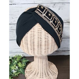 インド刺繍リボン　クロスターバン　ハーフリネン(ヘアアクセサリー)