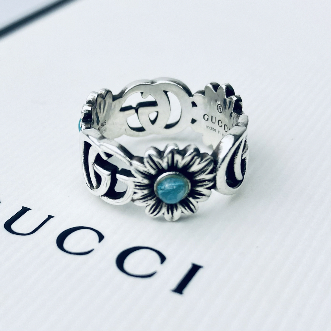 Gucci(グッチ)の美品 グッチ 指輪 マザーオブパール フラワー ターコイズ 9.5号 レディースのアクセサリー(リング(指輪))の商品写真