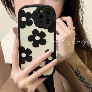 iPhone 12 Pro ケース 保護フィルム 黒 花  韓国 耐衝撃かわいい(iPhoneケース)