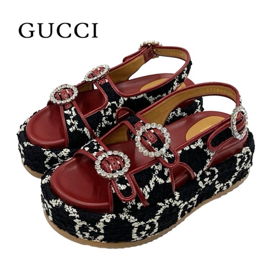 Gucci(グッチ)のグッチ GUCCI サンダル 靴 シューズ ビジュー GGロゴ プラットフォーム ツイード ブラック ボルドー レディースの靴/シューズ(サンダル)の商品写真