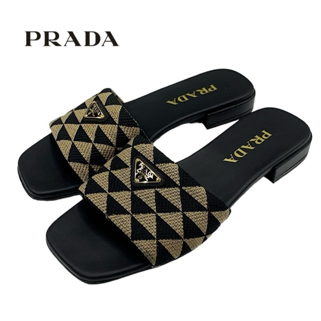 PRADA(プラダ)のプラダ PRADA サンダル フラットサンダル ミュール 靴 シューズ ロゴプレート トライアングル ファブリック ブラック ベージュ レディースの靴/シューズ(サンダル)の商品写真