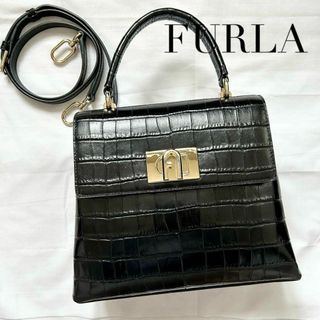 フルラ(Furla)の✨極美品✨2way FURLA ショルダーバッグ　ハンドバッグ　本革　黒　クロコ(ショルダーバッグ)