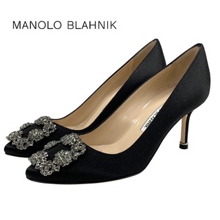 マノロブラニク(MANOLO BLAHNIK)の未使用 マノロブラニク MANOLO BLAHNIK ハンギシ パンプス パーティーシューズ 靴 シューズ ビジュー サテン ブラック 黒(ハイヒール/パンプス)