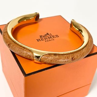 エルメス(Hermes)のHERMES エルメス オーストリッチ バングル ブレスレット ゴールド 茶色(ブレスレット/バングル)