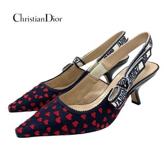 クリスチャンディオール(Christian Dior)のクリスチャンディオール CHRISTIAN DIOR J'ADIOR パンプス サンダル 靴 シューズ スリングバック ハート 刺繍 ファブリック ネイビー(ハイヒール/パンプス)