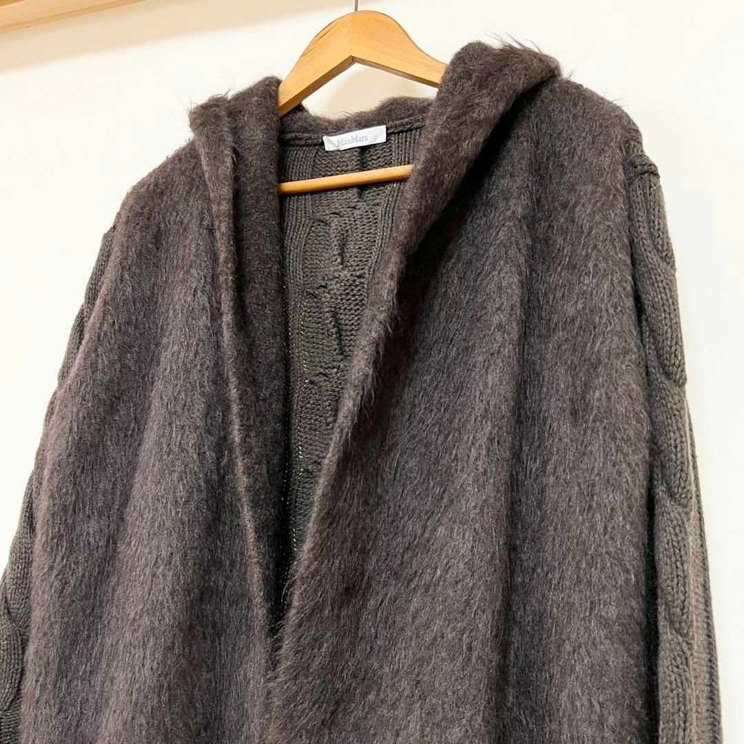 Max Mara(マックスマーラ)のMaxMara 白タグ 異素材コンビケーブルニットフーデットカーディガン 茶 レディースのトップス(カーディガン)の商品写真