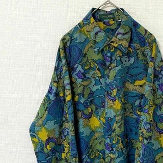 ナチュラルヴィンテージ(natuRAL vintage)のシャツ 長袖 アート モザイク 総柄 太アーム シルク レトロ感 M(シャツ)