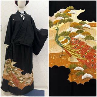 着物リメイク 黒留袖 紋付 孔雀 刺繍 ショート丈羽織 ロングスカート(セット/コーデ)