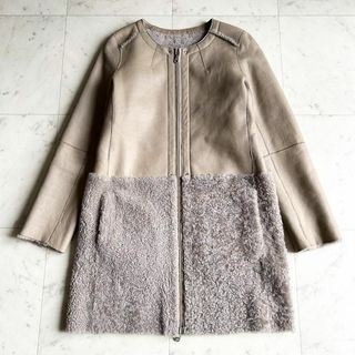 BALMAIN - BALMAIN ラムレザー ムートンコート ノーカラー ボア グレージュ