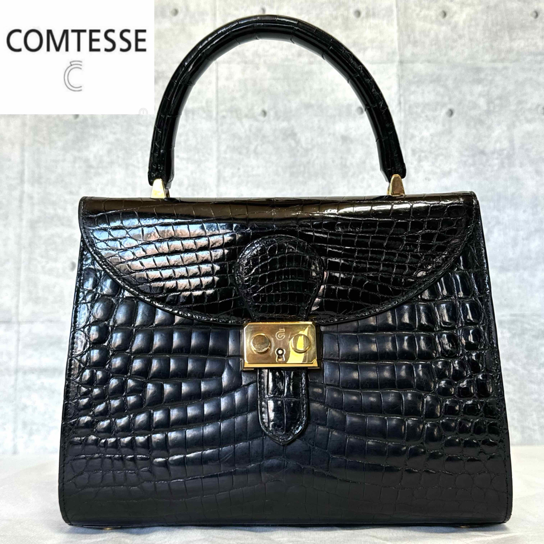 COMTESSE(コンテス)の【良品】COMTESSE シャイニングクロコダイル ブラック 本革 ハンドバッグ レディースのバッグ(ハンドバッグ)の商品写真