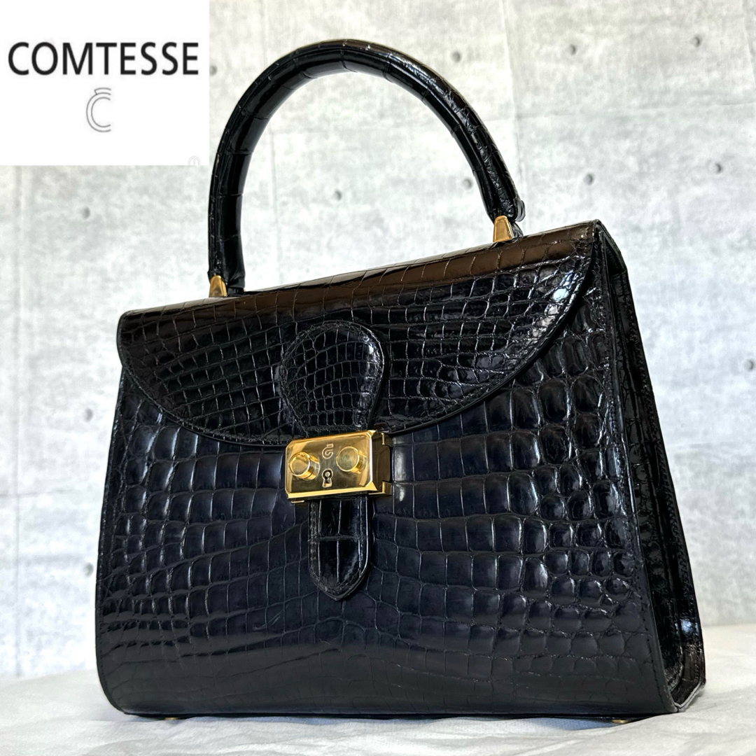 COMTESSE(コンテス)の【良品】COMTESSE シャイニングクロコダイル ブラック 本革 ハンドバッグ レディースのバッグ(ハンドバッグ)の商品写真