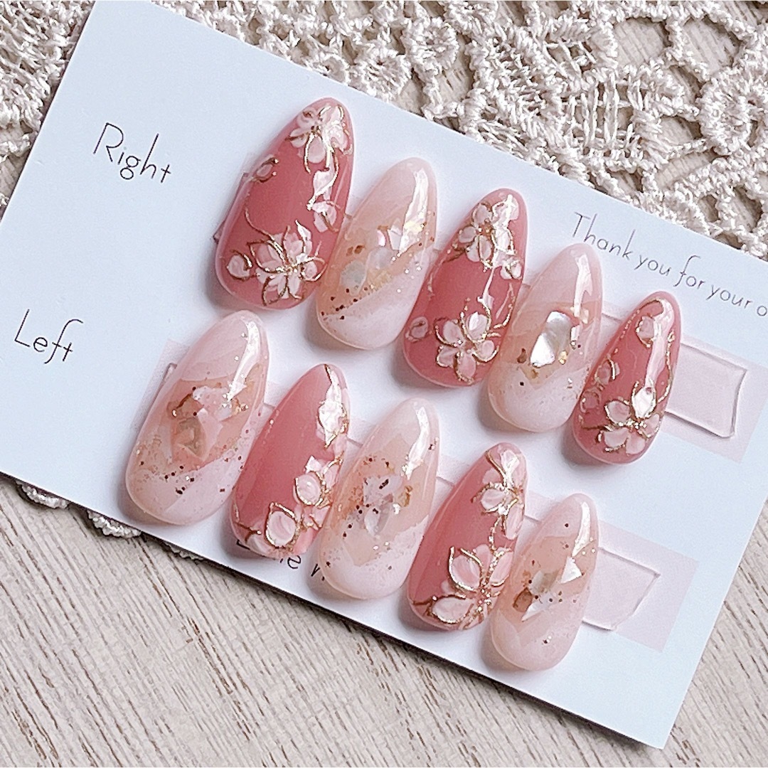 桜ニュアンスネイル 春ネイル ネイルチップ 現品 ミラーネイル シェルネイル ハンドメイドのアクセサリー(ネイルチップ)の商品写真