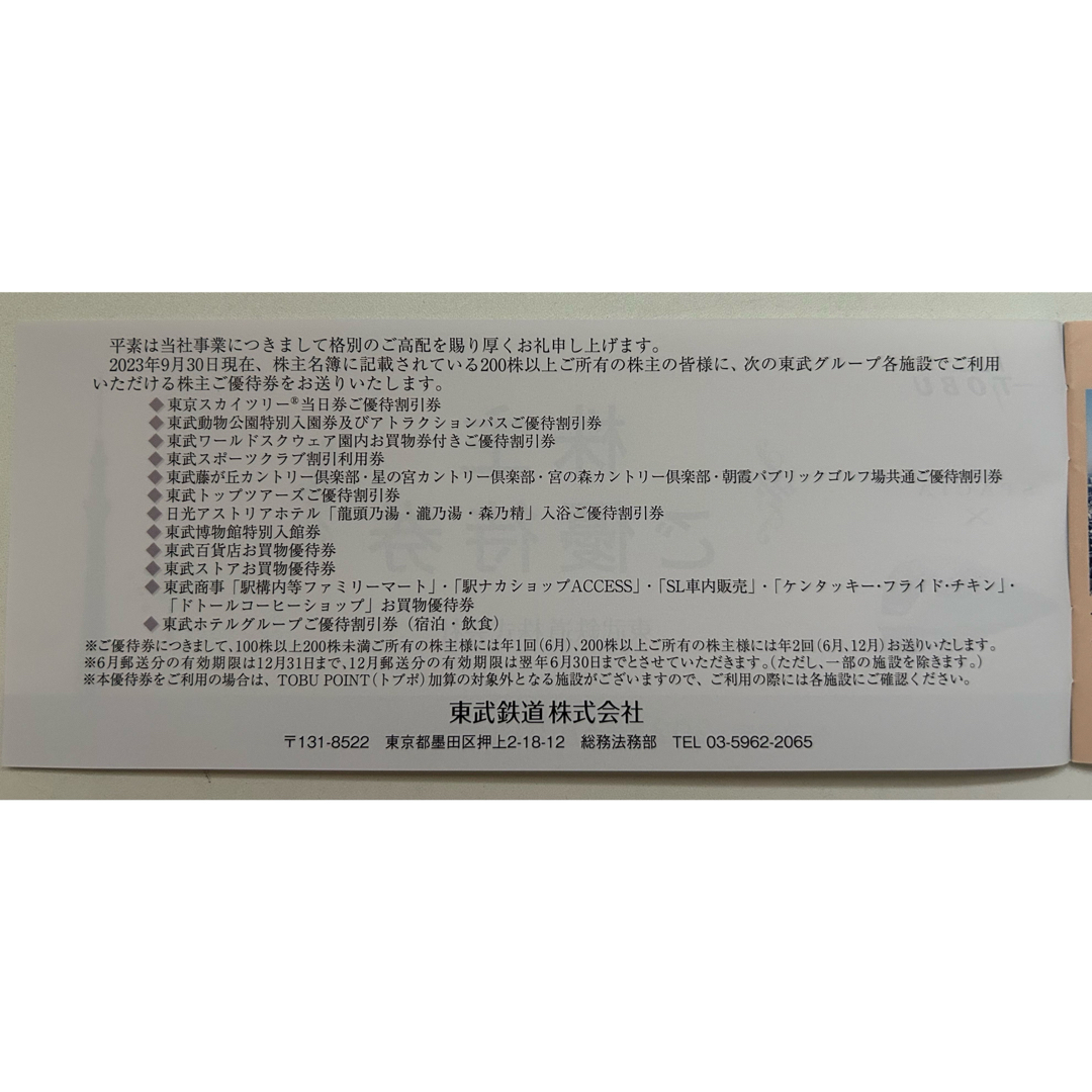 ［未使用］東武鉄道　株主優待券・乗車証2枚 チケットの施設利用券(遊園地/テーマパーク)の商品写真