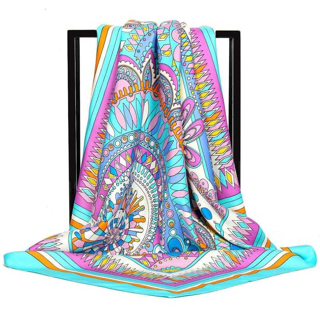 大判90cm×90cm シルク カラフルスカーフ ブルー系31 レディースのファッション小物(バンダナ/スカーフ)の商品写真